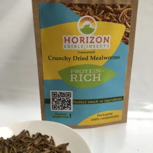 Packaged dried edible mealworms ready for consumption.