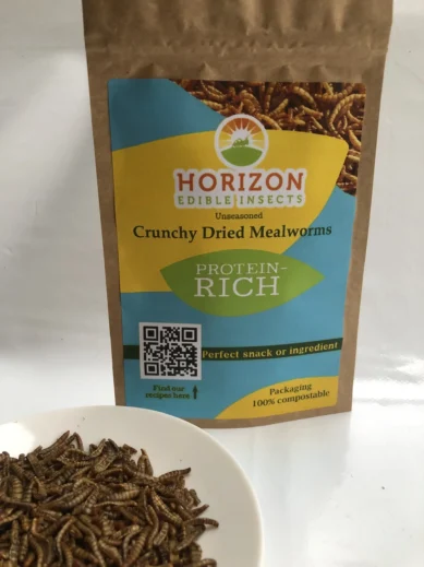Packaged dried edible mealworms ready for consumption.