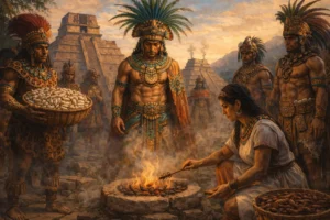 Painting of Aztecs cooking silkworms