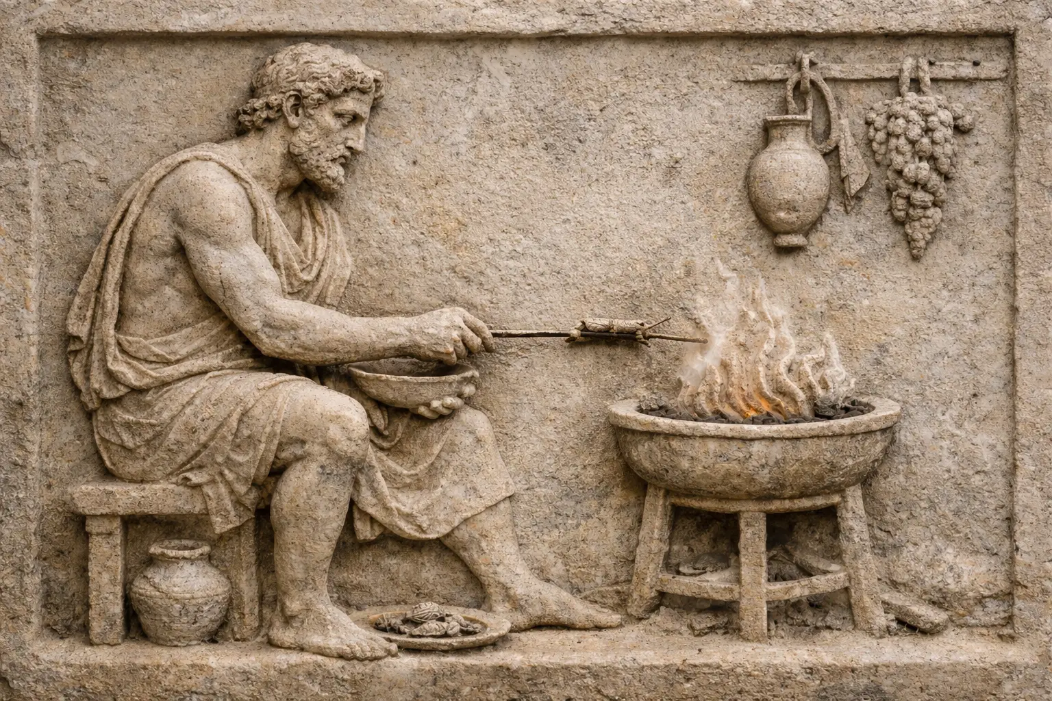 ancient greek bas relief sculpture cooking edible insects AI generated
