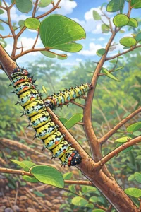 cartoon mopane worms on a tree branch