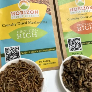 Assorted mix of dried edible insects including crickets and mealworms.